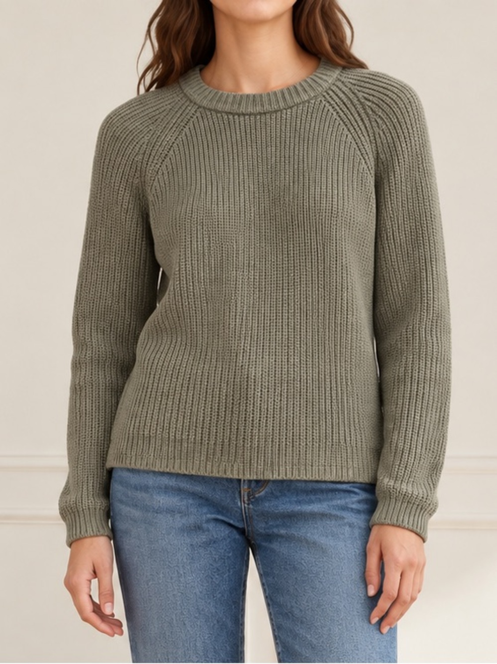 Jenni Kayne Cotton Fisherman Sweater S Eucalyptus Knit Crewneck Raglan Pullover